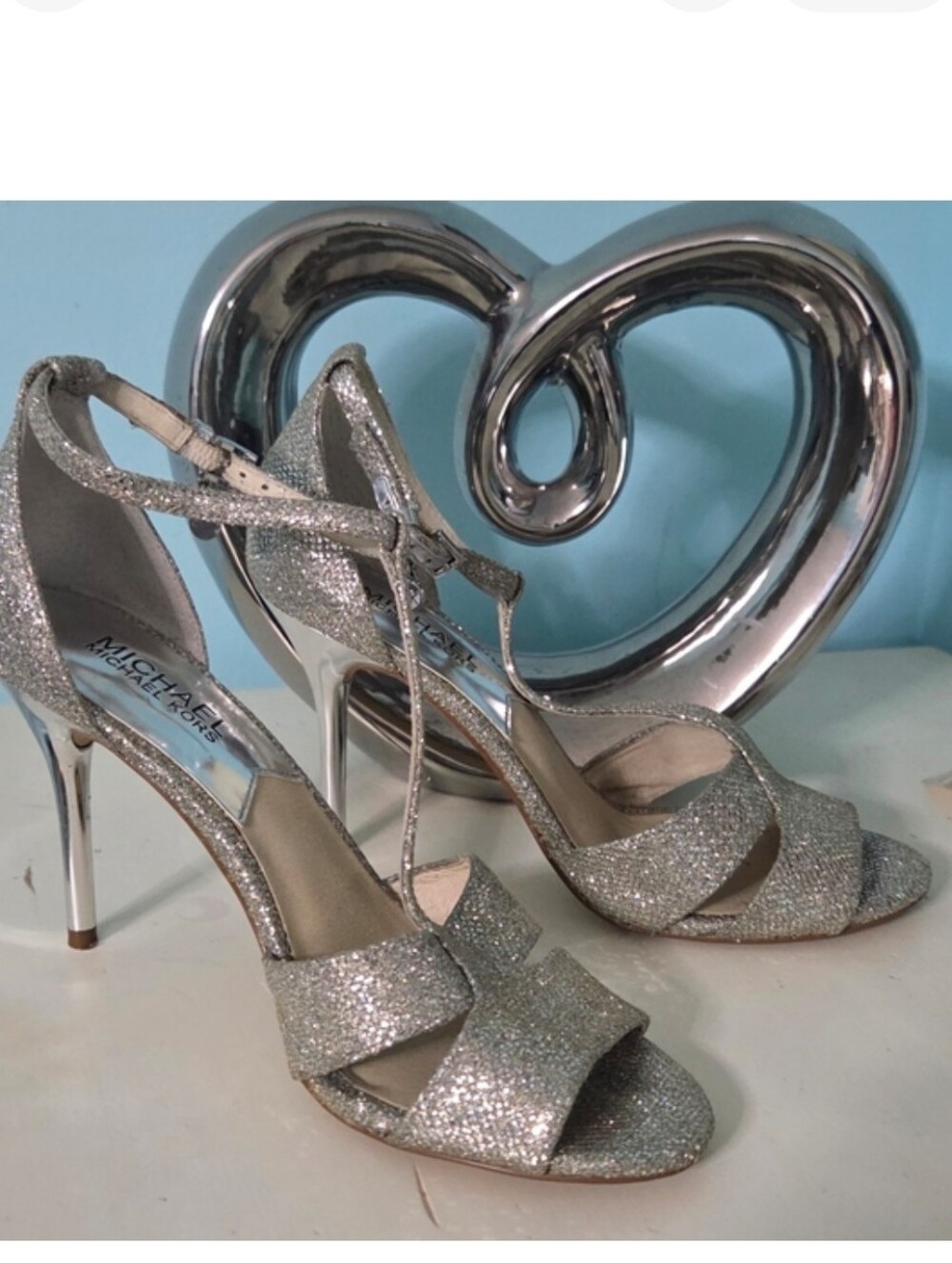 Michael Kors Silver Glitter T-Strap Stiletto Sandals DIANA OPEN TOE